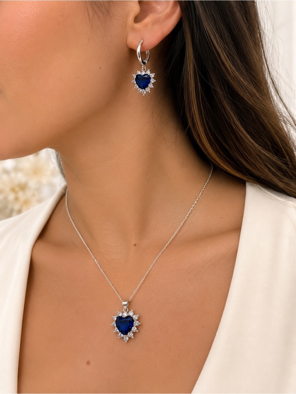 925 Elegant Silver and Blue Heart Jewelry Set
